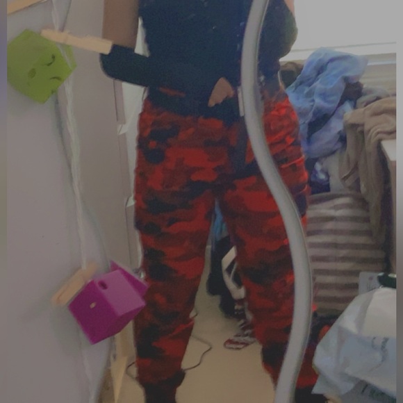 Red and Black Camo, Cargo Style Pants. Deep front pockets. Size 5-6 can fit a 7. - Picture 2 of 10